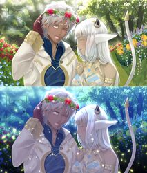  1boy 1girl animal_ears ash_(fire_emblem) commission couple cow_ears cow_horns dark-skinned_female dark-skinned_male dark_skin english_commentary fire_emblem fire_emblem_heroes fireflies flower hair_flower hair_ornament heart-tsukikage hetero highres horns husband_and_wife jewelry kiran_(fire_emblem) kiran_(male)_(fire_emblem) laughing one_eye_closed original ring signature smile spanish_commentary tail wedding_ring yellow_eyes 