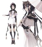  1girl bad_id bad_pixiv_id black_hair from_side hair_ornament highres holding holding_umbrella japanese_clothes looking_at_viewer medium_hair multiple_views naomasap original parted_bangs simple_background standing thigh-highs umbrella white_background 