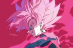  1boy black_shirt blurry blurry_background dragon_ball dragon_ball_super earrings from_side goku_black grey_eyes highres jewelry komesan_0212 medium_hair pink_background pink_hair pink_theme potara_earrings profile shirt smirk smoke solo spiky_hair super_saiyan super_saiyan_rose 