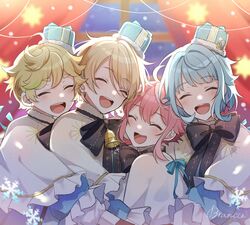  4boys :d ^_^ androgynous backlighting bishounen blurry blurry_background closed_eyes curtains ensemble_stars! fairy_lights group_hug harukawa_sora_(brancho_brancho) height_difference highres himemiya_tori_(brancho_brancho) hug male_focus matching_outfits multiple_boys night official_alternate_costume red_curtains shino_(sinotaro_) shino_hajime_(brancho_brancho) shiratori_aira_(brancho_brancho)_(ensemble_stars!) smile snowflakes snowing upper_body window 