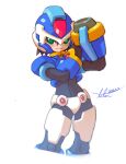  1girl :3 aile_(mega_man_zx) arm_cannon armor black_bodysuit blue_armor blue_helmet blush bodysuit bodysuit_under_clothes brown_hair commentary cowboy_shot cropped_jacket crotch_plate dated forehead_jewel highres kamiyama_teten mega_man_(series) mega_man_zx model_x_(mega_man) power_armor short_hair signature simple_background smug solo weapon white_background x_buster 