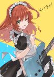  1girl :d alternate_costume apron artist_name blush bocchi_the_rock! copyright_name dress elbow_blush enmaided floral_print frilled_apron frilled_dress frills guitar guitar_strap hair_between_eyes hairband highres holding holding_guitar holding_instrument instrument jun_(rellik_&amp;_redrum) kita_ikuyo long_hair looking_at_viewer maid maid_apron maid_headdress one_side_up open_mouth prs_guitar redhead simple_background skirt smile solo spots two-tone_background waist_apron white_apron wrist_cuffs 