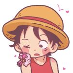  0h_my_god 1boy 1girl black_hair blush chibi closed_eyes commentary_request hat headphones heart looking_at_another monkey_d._luffy one_eye_closed one_piece red_shirt scar scar_on_face shirt short_hair simple_background straw_hat twintails upper_body uta_(one_piece) white_background 