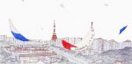  building chengongzi123 chinese_commentary city commentary_request haikyuu!! highres no_humans scenery simple_background sky snowing tokyo_tower white_background white_sky 
