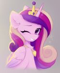  1girl artist_name blonde_hair cadance_(my_little_pony) feathered_wings grey_background grin highres horns lerkfruitbat long_hair looking_at_viewer multicolored_hair my_little_pony my_little_pony:_friendship_is_magic no_humans one_eye_closed pink_hair pink_horn pink_wings purple_hair simple_background single_horn smile solo teeth tiara upper_body violet_eyes winged_unicorn wings 