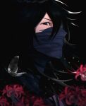  1boy absurdres black_hair bleach blurry bug butterfly close-up commentary covered_mouth depth_of_field floating_hair from_side gwao_(_ul_13) hair_between_eyes highres kurosaki_ichigo light_particles long_hair mugetsu_form_(bleach) profile red_eyes red_spider_lily solo symbol-only_commentary v-shaped_eyebrows 