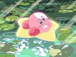  afloat blush_stickers bright_pupils closed_mouth day dot_mouth kirby kirby_(series) light_rays lily_pad lying mutekyan no_humans no_nose on_stomach outdoors sunlight warp_star water white_pupils 