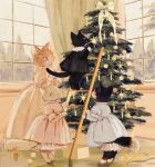  animal animal_focus black_cat black_dress bloomers blue_dress bow box candle cat christmas christmas_ornaments christmas_tree clothed_animal collared_dress commentary curtains day dress english_commentary frilled_dress frills highres indoors layered_sleeves long_sleeves no_humans office_lady original pink_dress puffy_short_sleeves puffy_sleeves ribbon shadow short_dress short_over_long_sleeves short_sleeves standing tono_(rt0no) tree white_bloomers white_bow white_dress window yellow_ribbon 