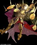  1boy absurdres armor blonde_hair couter cuirass cuisses earrings fate/grand_order fate_(series) faulds full_body gate_of_babylon_(fate) gauntlets gilgamesh_(fate) gold gold_armor greaves hair_slicked_back hand_on_own_head highres hiro_(user_negm3832) jewelry looking_at_viewer male_focus open_mouth pauldrons poleyn red_eyes rerebrace sabaton sallet short_hair shoulder_armor smile solo tailcoat tassets weapon 