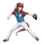  1girl animal_ears ball baseball baseball_(object) baseball_cap baseball_mitt baseball_uniform blue_jacket brown_hair ears_through_headwear hair_between_eyes hair_ornament hat highres holding holding_ball horse_ears horse_girl horse_tail jacket long_hair nakayama_festa_(umamusume) pants playing_sports red_hat seung-aeja shirt simple_background smile solo sportswear tail throwing umamusume violet_eyes white_background white_pants 