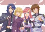  2boys 2girls absurdres athrun_zala black_gloves black_kimono blonde_hair blue_eyes blue_hair brother_and_sister brown_hair cagalli_yula_athha gloves green_eyes grey_jacket gundam gundam_seed gundam_seed_freedom hair_ornament hand_on_another&#039;s_hip hand_on_another&#039;s_shoulder highres jacket japanese_clothes kimono kira_yamato lacus_clyne locked_arms looking_at_viewer military_uniform multiple_boys multiple_girls necktie pant_suit pants pink_hair recording red_necktie siblings smile suit twins uniform user_kunf8626 v violet_eyes yellow_eyes 