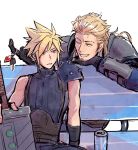  2boys arm_armor armor belt bench black_gloves black_pants black_sweater blonde_hair blue_eyes blue_shirt brown_belt buster_sword can car_keys cheppo clenched_teeth cloud_strife commentary drink_can english_commentary final_fantasy final_fantasy_vii final_fantasy_vii_rebirth final_fantasy_vii_remake gloves grin hair_slicked_back hands_up highres holding holding_sword holding_weapon implied_yaoi key leaning_forward long_hair looking_at_another male_focus materia military_uniform multiple_belts multiple_boys one_eye_closed pants parted_lips pauldrons planted planted_sword roche_(ff7r) shirt short_hair shoulder_armor single_pauldron sitting sleeveless sleeveless_sweater sleeveless_turtleneck smile soda_can spiky_hair suspenders sweater sword teeth turtleneck turtleneck_sweater twitter_username uniform upper_body weapon white_background 