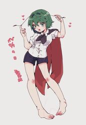  1girl antennae barefoot black_cape black_shorts blush bobotatamu breasts buttons cape collared_shirt commentary_request full_body green_eyes green_hair grey_background hair_between_eyes hair_intakes heart highres looking_at_viewer open_mouth pigeon-toed red_cape shirt short_hair short_shorts short_sleeves shorts simple_background small_breasts smile solo standing touhou translation_request two-sided_cape two-sided_fabric white_shirt wriggle_nightbug 