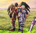  1boy 1girl absurdres armor barghest_(fate) bionicle blonde_hair blue_eyes blue_gloves commission english_commentary fate/grand_order fate_(series) fingerless_gloves gloves hair_between_eyes head_tilt highres humanoid_robot icarax_(bionicle) lifting_person long_hair mechanical_wings red_eyes robot second-party_source specter_l sword the_lego_group v-shaped_eyebrows very_long_hair weapon wings 