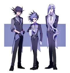  3boys absurdres alternate_costume aqua_hair arms_behind_back bad_id bad_lofter_id black_coat black_footwear black_gloves black_hair black_pants black_ribbon black_shirt black_vest blue_eyes blue_hair butler clipboard coat collared_shirt crossed_legs dress_shoes expressionless facial_mark facial_tattoo formal fudo_yusei full_body gloves hair_ribbon hand_up high_collar highres holding holding_clipboard holding_towel long_hair looking_at_viewer male_focus multicolored_hair multiple_boys naoki_(2rzmcaizerails6) neck_ribbon pants ponytail ribbon shirt sleeve_cuffs spiky_hair streaked_hair tailcoat tattoo towel two-sided_fabric two-sided_tailcoat v_(yu-gi-oh!) very_long_hair vest white_gloves white_shirt white_towel yu-gi-oh! yu-gi-oh!_5d&#039;s yu-gi-oh!_arc-v yu-gi-oh!_zexal yuuto_(yu-gi-oh!) 