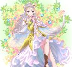  1girl blue_butterfly blue_eyes brown_footwear bug butterfly commission commissioner_upload dress earrings eir_(fire_emblem) fire_emblem fire_emblem_heroes flower flower_earrings frilled_sleeves frills grass jewelry kakiko210 light_smile long_hair long_sleeves lying on_back plant sidelocks skeb_commission tiara white_dress white_hair yellow_dress 