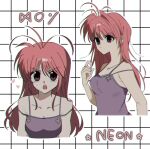  1girl antenna_hair camisole character_name collarbone commentary grid_background highres hunter_x_hunter long_hair looking_at_viewer looking_to_the_side multiple_views neon_nostrade open_mouth purple_camisole redhead teeth umxx_i upper_body upper_teeth_only violet_eyes 