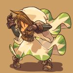  1girl blonde_hair bodysuit boots braid chibi fighting_stance final_fantasy final_fantasy_tactics gloves hood momigara_(mmgrkmnk) robe shadow simple_background solo white_mage_(fft) white_mage_(final_fantasy) white_robe wide_sleeves 