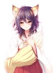  1girl alternate_costume animal_ears brown_eyes gina_(gnosia) gnosia hair_between_eyes heterochromia japanese_clothes long_sleeves medium_hair miko purple_hair rocomani smile solo tail upper_body wavy_hair yellow_eyes 