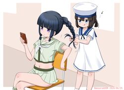  2girls black_hair blue_eyes blue_sailor_collar blunt_bangs bob_cut braid braiding_hair cellphone chair daitou_(kancolle) dress green_sailor_collar green_shirt green_skirt hair_ribbon hairdressing hat high_ponytail kantai_collection kitakami_(kancolle) kitakami_kai_ni_(kancolle) long_hair masara_(chuujou) midriff multiple_girls neckerchief phone ribbon sailor_collar sailor_dress sailor_hat school_uniform serafuku shirt short_hair short_ponytail single_braid skirt tongue tongue_out tress_ribbon violet_eyes white_dress white_hat white_neckerchief 