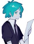  1other black_jacket black_necktie closed_mouth commentary green_eyes green_hair holding holding_paper houseki_no_kuni jacket looking_at_viewer necktie paper phosphophyllite puffy_short_sleeves puffy_sleeves short_hair short_sleeves sideways_glance simple_background solo takenaka_(takenaka1111) upper_body white_background 
