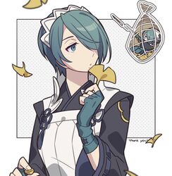  1girl blue_eyes blue_hair fire_emblem fire_emblem_fates haconeri hair_over_one_eye in_net japanese_clothes net open_mouth setsuna_(fire_emblem) short_hair trapped upper_body 