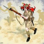  1girl animal_ears bayonet belt black_hair blue_eyes bolt_action boots brown_footwear dated dust_cloud english_commentary full_body gun hair_ornament hakos_baelz hat highres holding holding_gun holding_weapon hololive hololive_english lee-enfield long_hair long_sleeves lurkatwurk military military_uniform mouse_ears mouse_girl mousetrap multicolored_hair open_mouth pouch redhead rifle running scabbard sharp_teeth sheath shirt shoes signature silhouette smle socks solo standing streaked_hair teeth twintails uniform virtual_youtuber weapon white_hair world_war_i 