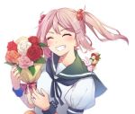  1girl blush bouquet closed_eyes flower grin hair_bobbles hair_ornament highres holding holding_bouquet jewelry kantai_collection missou_shiro orange_flower orange_rose pink_flower pink_hair pink_rose rabbit red_flower red_rose ring rose sailor_collar sazanami_(kancolle) school_uniform serafuku short_sleeves short_twintails simple_background smile twintails upper_body wedding_ring white_background white_flower white_rose 