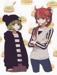  2girls beanie blush_stickers cropped_legs crossed_arms green_eyes hat hood hood_down hoodie long_sleeves looking_at_another maco22 multiple_girls original pom_pom_(clothes) pom_pom_beanie ponytail red_eyes redhead shirt short_hair sleeves_past_wrists striped_clothes striped_shirt 