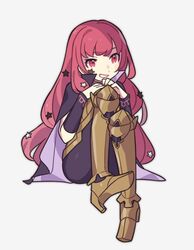  1girl breasts cape facial_mark fire_emblem fire_emblem_engage haconeri hair_ornament long_hair looking_at_viewer red_eyes redhead simple_background smile solo star_(symbol) star_facial_mark star_hair_ornament yunaka_(fire_emblem) 