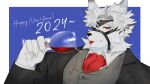  1boy 2024 animal_ears ascot black_suit blue_background claws colored_tips cup drink drinking_glass eyepatch furry furry_male grey_vest happy_new_year highres holding holding_cup holding_drink jujurlyreckless looking_at_viewer male_focus multicolored_hair one_eye_covered red_ascot red_eyes red_wine saliva saliva_trail shirt spilling suit tongue tongue_out upper_body vest von_lycaon white_shirt wine_glass wolf_boy wolf_ears zenless_zone_zero 
