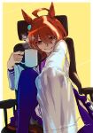  1girl agnes_tachyon_(umamusume) ahoge animal_ears border bow brown_hair closed_mouth coat coffee_mug commentary_request cup earrings feet_out_of_frame highres holding holding_cup horse_ears horse_girl horse_tail jewelry lab_coat long_sleeves messy_hair mug natsunori on_chair open_clothes open_coat outside_border pleated_skirt purple_serafuku purple_shirt purple_skirt purple_thighhighs red_eyes sailor_collar school_uniform serafuku shirt short_hair simple_background single_earring sitting skirt smile solo tail thigh-highs tracen_school_uniform umamusume white_border white_bow white_coat winter_uniform yellow_background 