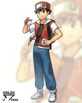  1boy absurdres artist_name backpack bag belt black_hair black_shirt brown_bag brown_belt closed_mouth commentary full_body hand_on_own_hip hat highres holding holding_poke_ball jacket male_focus open_clothes open_jacket orlek pants poke_ball poke_ball_(basic) pokemon pokemon_rgby red_(pokemon) red_hat shirt shoes short_hair short_sleeves smile solo split_mouth standing white_footwear zoom_layer 