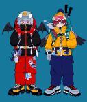  2boys backpack bag bat_wings beanie black_footwear black_jacket black_wings blue_background blue_headwear blue_pants boots bright_pupils cigarette covered_mouth fashion feathered_wings full_body fur_hat gloves goggles goggles_on_headwear grey_footwear grey_wings hand_in_pocket hands_in_pockets hat high_collar highres hiking_pole jacket kuzuha_(nijisanji) lauren_iroas looking_ahead looking_at_viewer male_focus multiple_boys nasi_w2 nijisanji pants partially_unzipped red_bag red_eyes red_pants redhead simple_background smoke_trail smoking standing sticker_on_clothes too_many_stickers ushanka white_gloves white_pupils wings winter_clothes yellow_headwear yellow_jacket zipper 