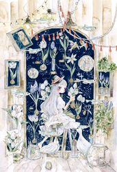 1girl barefoot bird black_hat blue_background blush ceiling_light dated dress fish fishbowl flower gem goose hat hat_ribbon highres holding holding_flower indoors ladder leaf long_hair looking_at_viewer looking_back original painting_(medium) pearl_(gemstone) picture_frame puffy_short_sleeves puffy_sleeves red_ribbon ribbon scissors short_sleeves signature sitting solo surreal tassel traditional_media tsubu1012 tulip vase violet_eyes watercolor_(medium) white_dress white_hair wide_shot 