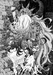  1boy 1girl armor carrying carrying_person climbing corruption dress ender_lilies_quietus_of_the_knights fake_horns greyscale helmet highres horned_helmet horns knight lily_(ender_lilies) long_hair monochrome nanai_yuki outdoors rain ruins shoulder_spikes spikes tendril ulv_the_mad_knight 