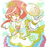  1girl :d bad_id bad_twitter_id baozi dress drooling floating floating_object food fur_collar gloves gold_trim heart idol_clothes long_hair looking_at_viewer lowres mdr_onj1807 mouth_drool open_mouth ponytail pretty_series pripara redhead shiratama_mikan smile solo sparkle white_dress white_gloves wings yellow_eyes 