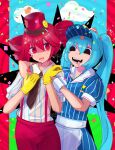 2girls absurdres apron arm_around_neck black_eyes black_necktie blue_hair blue_shirt blue_sky clouds collared_shirt commentary confetti cowboy_shot drill_hair empty_eyes english_commentary flat_chest gloves hat hatsune_miku highres kasane_teto long_hair looking_at_another looking_to_the_side mesmerizer_(vocaloid) mixed-language_commentary multiple_girls necktie open_mouth pants red_eyes red_hat red_pants redhead shaded_face sharp_teeth shirt short_hair sky smile smiley_face spiral_background striped_clothes striped_shirt suspenders tchairss teeth tongue tongue_out top_hat twin_drills twintails utau very_long_hair visor_cap vocaloid waist_apron white_apron white_shirt wrist_cuffs yellow_gloves