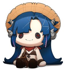  1girl bikini blue_hair brown_bikini brown_footwear brown_hat brown_overalls button_eyes buttons character_doll clero_(viprimo) front-tie_top grey_horns hat highres horns indie_virtual_youtuber long_hair multicolored_hair multiple_horns overalls purple_hair smile solo stitches swimsuit vienna_(vtuber) virtual_youtuber wide_brim 