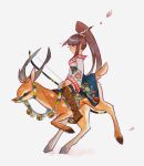  1girl boots botjira bow_(weapon) brown_footwear brown_hair deer english_commentary floral_print high_ponytail highres original ponytail profile reins riding riding_animal saddle sidelocks solo thigh_boots weapon white_background wide_sleeves 