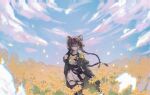  1girl absurdres animal_ears arknights black_ribbon black_sash black_thighhighs blue_sky braid brown_eyes brown_hair capelet chinese_commentary chromatic_aberration closed_mouth clouds coat commentary_request day dress field film_grain flower flower_field green_capelet green_coat hair_ornament hair_ribbon hairclip hand_in_own_hair hand_up highres light_particles long_hair lutonada_(arknights) mouse_ears mouse_girl open_clothes open_coat outdoors petals ribbon sash scenery short_dress short_sleeves sky smile solo standing thigh-highs torn_clothes torn_dress trifidnebula_sanye_(alnair03582) twin_braids white_dress wind yellow_flower yellow_ribbon 