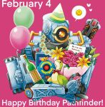  1boy apex_legends arino_zarame balloon bottle bouquet bow character_name flower flower_necklace happy_birthday heart highres holding holding_bouquet holding_stuffed_toy humanoid_robot nessie_(respawn) one-eyed orange_eyes pathfinder_(apex_legends) pink_background red_bow robot speech_bubble stuffed_toy yellow_flower 