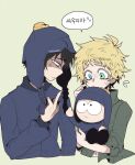  2boys @_@ anger_vein black_hair blonde_hair blue_eyes character_doll chullo craig_tucker flying_sweatdrops halloween_(owo) hat korean_text long_sleeves looking_down middle_finger multiple_boys nail_polish navel short_hair south_park translation_request tweek_tweak 