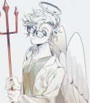  1boy angel_wings blue_eyes closed_mouth commentary glasses grey_shirt halo highres holding holding_pitchfork kanou_aogu lab_coat long_sleeves male_focus open_clothes pitchfork saibou_shinkyoku sanglom shirt short_hair simple_background smile solo symbol-only_commentary upper_body white_background white_hair white_halo white_wings wings 