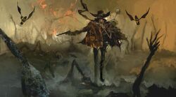  1other after_battle arms_up bat_wings bullet cloak cowboy cowboy_hat creature flying hat highres kohata_(kohatazuke) negaresurrection original smoke smoking_barrel solo_focus standing torn_cloak torn_clothes wings zombie 