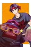  1boy 1other amurokku_utsubo black_eyes cube_(live_a_live) dated fingerless_gloves glasses gloves headband highres live_a_live looking_at_viewer orange_background parted_bangs red_headband robot shirt squatting t-shirt takahara_masaru yellow-framed_eyewear 