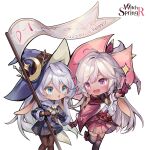  2girls absurdres belt blue_eyes chibi flag hand_grab hat highres holding holding_flag long_hair luna_(witch_springs) mage_staff multiple_girls official_art pieberry_(witch_springs) pointing red_eyes robe skirt thigh-highs very_long_ears white_hair witch_hat witch_springs 
