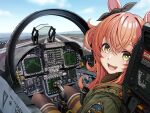  1girl absurdres aircraft_carrier aircraft_request black_pantyhose bomber_jacket brown_eyes cockpit commentary commentary_request excited flight_deck fur-trimmed_jacket fur_trim green_jacket highres horse_girl jacket looking_at_viewer mayano_top_gun_(umamusume) military_vehicle open_cockpit pantyhose ship solo tussy umamusume vehicle_request warship watercraft 