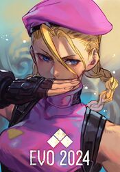  1girl beret blonde_hair blue_eyes braid breasts cammy_white covering_own_mouth evolution_championship_series fingerless_gloves fingernails gloves hair_between_eyes hankuri hat large_breasts leotard long_braid official_alternate_color pink_leotard simple_background single_bang single_braid solo street_fighter street_fighter_6 twin_braids 