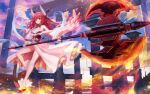  1girl 300_heroes ahoge axe battle_axe clouds date_a_live fire full_body hair_ribbon holding holding_weapon horns itsuka_kotori japanese_clothes long_hair official_art red_eyes red_footwear redhead ribbon shawl solo thighs third-party_source weapon 
